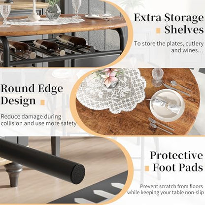 3-Piece Dining Table Set for Kitchen Breakfast Nook, Wood Grain Oval Tabletop and Metal Frame with Built-in Wine Rack, for Small Spaces, Antique Brown & Black