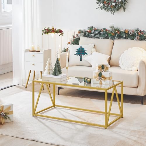 Glass Coffee Table, Gold Coffee Tables for Living Room, Gold Glass Coffee Table,1 Layer Center Table, Modern, for Apartment, Office, 39.4 x 19.7 x 17.7 Inches, Easy Assembly, Golden GD04KF01