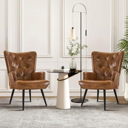 Accent Chairs Set of 2, Brown PU Leather Reading Armchair with High Backrest, Wingback Corner Chair Mid Century Modern for Living Room, Bedroom, Waiting Room