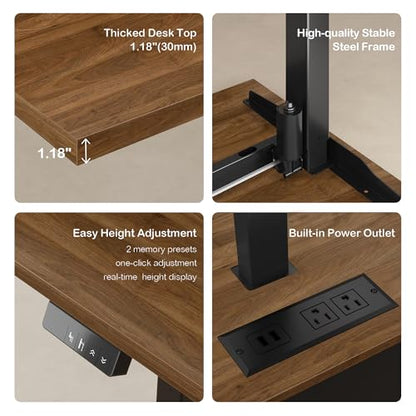 71" Electric Standing Executive Desk with Privacy Panel & Charging Station, Large One-Piece Height Adjustable Stand Up Desk with Under Storage, Home and Office, Black Walnut