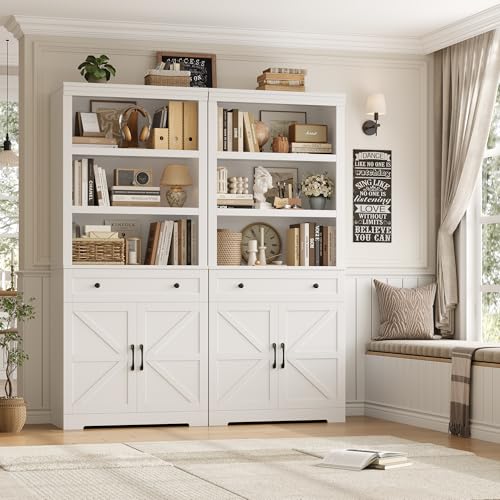 72" Tall Book Shelf and Bookcase, 14" Deep Bookshelf with Drawer and Doors, Farmhouse Book Case with Storage, Wood Storage Cabinet with Display Shelves for Home Office, Living Room, White