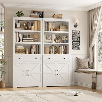 72" Tall Book Shelf and Bookcase, 14" Deep Bookshelf with Drawer and Doors, Farmhouse Book Case with Storage, Wood Storage Cabinet with Display Shelves for Home Office, Living Room, White
