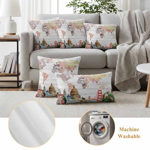 World Map Waterproof Outdoor Pillow Covers Set of 2 Home Decor, Famous Building Tourism Bridge Wood Grain Pillowcase Patio Pillow Covers for Couch Bench Patio Furniture Garden 24x24in