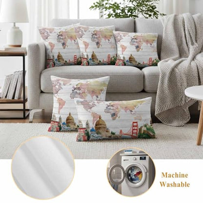 World Map Waterproof Outdoor Pillow Covers Set of 2 Home Decor, Famous Building Tourism Bridge Wood Grain Pillowcase Patio Pillow Covers for Couch Bench Patio Furniture Garden 24x24in