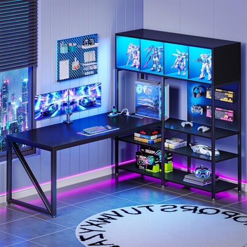 63" L Shaped Gaming Desk with Display Hutch and Large Desktop, Black, view 2