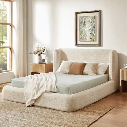 Queen Cloud Upholstered Bed Frame in Cream, view 2