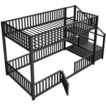 JIVOIT Twin Size Bunk Bed with Storage Ladder, Metal Low Bunk Bed, Metal Slats (Black/ 102)