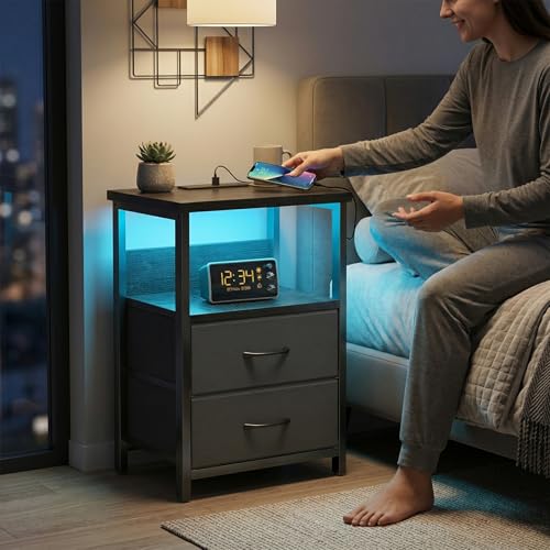 Night Stand with Charging Station, LED Nightstand with U-S-B Ports and Outlets for Small Spaces, 2 Fabric Storage Drawers, Bedside Table End Tables Bedroom Decor, Modern Black