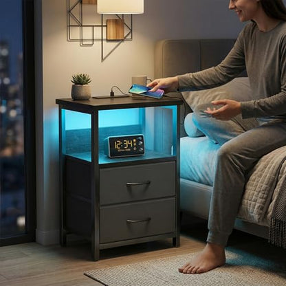 Night Stand with Charging Station, LED Nightstand with U-S-B Ports and Outlets for Small Spaces, 2 Fabric Storage Drawers, Bedside Table End Tables Bedroom Decor, Modern Black