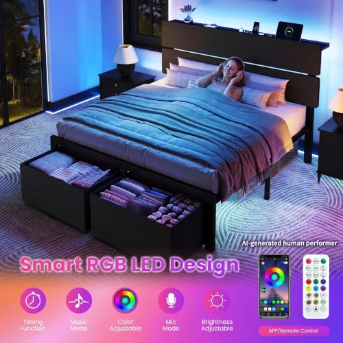 King Led Bed Frame, 2 Storage Drawers, Charging Station, Black, view 7