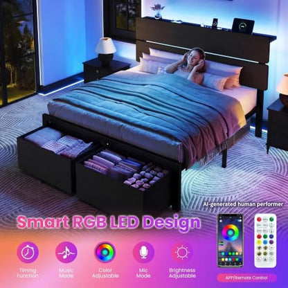 King Led Bed Frame, 2 Storage Drawers, Charging Station, Black, view 7