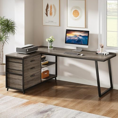 Tribesigns 53" L Shaped Office Desk, Reversible Corner Computer Desk with 3 File Drawers and 2 Storage Shelves for Home Office, Study, Gaming Room (Grey)