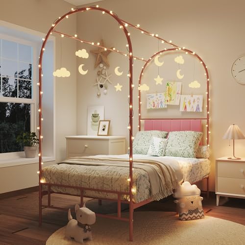 Twin Canopy Bed Frame with Upholstered Headboard, view 4
