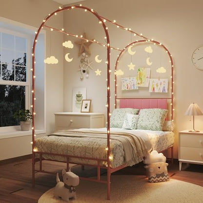 Twin Canopy Bed Frame with Upholstered Headboard, view 4