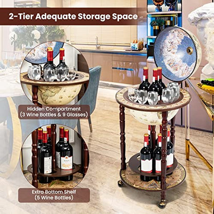 Globe Wine Bar Cabinet, Italian Replica Bar Cart with Wheels and Liquor Bottle Shelf, Solid Wood Wine Bar Stand for Home, Kitchen, Bar, Pub (Cream White)