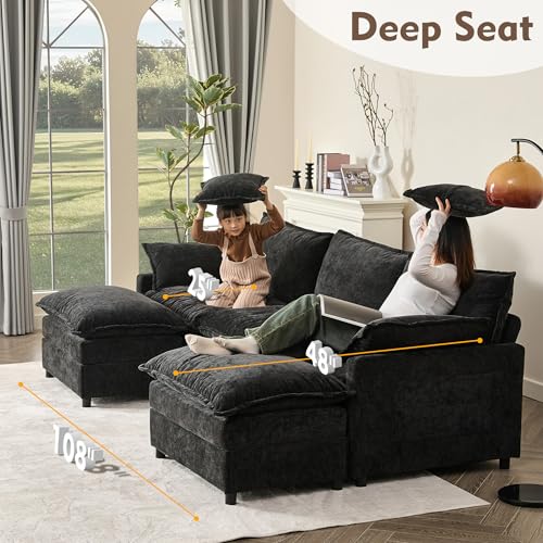 108" U-Shaped Modular Cloud Couch, Deep Seat, Chenille Black | Cloud Comfort, Couches for Living Room, Removable & Machine-Washable Covers, Movable Ottoman, Modular Sectional Sofa