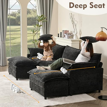 108" U-Shaped Modular Cloud Couch, Deep Seat, Chenille Black | Cloud Comfort, Couches for Living Room, Removable & Machine-Washable Covers, Movable Ottoman, Modular Sectional Sofa