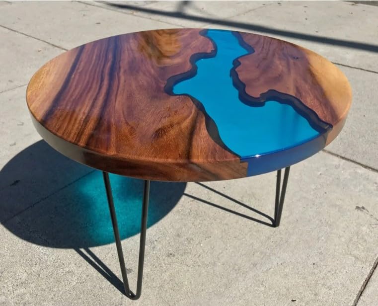 Customized Resin Round Table Top, Blue Ocean River Epoxy Resin, Coffee Table Design, Resin Table, Luxury Decor Table, Walnut Table, Wooden Resin Table (Without Stand, 18 x 18 Inches)