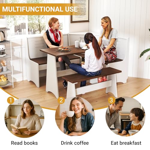 Breakfast Nook Set 3-4 Seat L-Shaped with Hidden Storage - Space Saving Corner Kitchen Dining Table & Bench Set - Farmhouse Family Home White Brown Wood