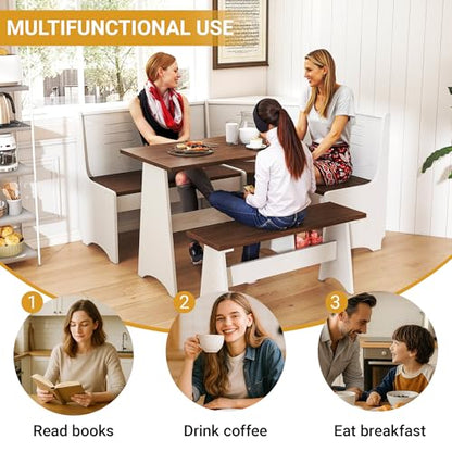 Breakfast Nook Set 3-4 Seat L-Shaped with Hidden Storage - Space Saving Corner Kitchen Dining Table & Bench Set - Farmhouse Family Home White Brown Wood