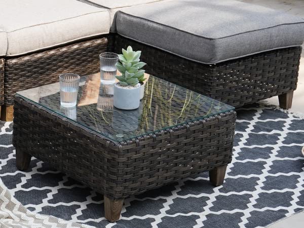 Outdoor Coffee Table Wicker Patio Side Table Wicker Patio Table Furniture Conversation Set with Glass Top