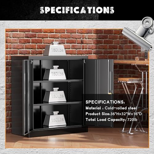 36" H x 32" W x 16" D Black Metal Storage Cabinet with 2 Locking Doors and 2 Adjustable Shelves, Ideal for Home Office, Garage