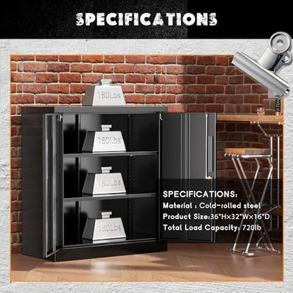 36" H x 32" W x 16" D Black Metal Storage Cabinet with 2 Locking Doors and 2 Adjustable Shelves, Ideal for Home Office, Garage
