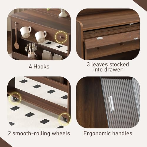Kitchen Buffet with Hutch, 33.5-inch Sideboard Cabinet with Foldable Drop-Leaf Dining Table, Storage Shelves and Hooks for Small Spaces, Apartment (Walnut Wood+MDF + Farmhouse)
