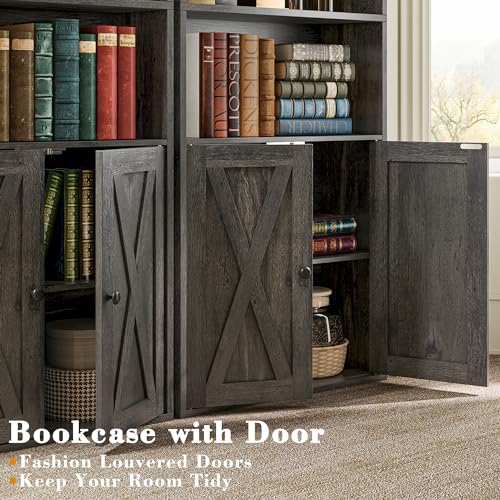 Tall Bookshelf 70 in, Bookcases with Doors, Set of 2, Charcoal Grey, view 6