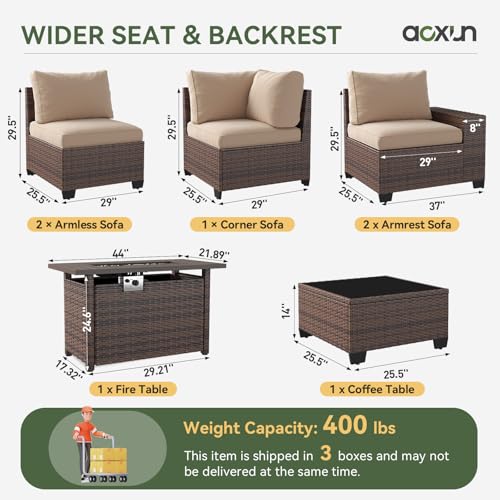 Outdoor Patio Furniture Set with 44'' Fire Pit Table, 7 Pcs Outdoor Patio Furniture Sets with 4in Thicken Cushion, Widen Armrests Wicker Outdoor Sectional for Backyard & Garden, Beige