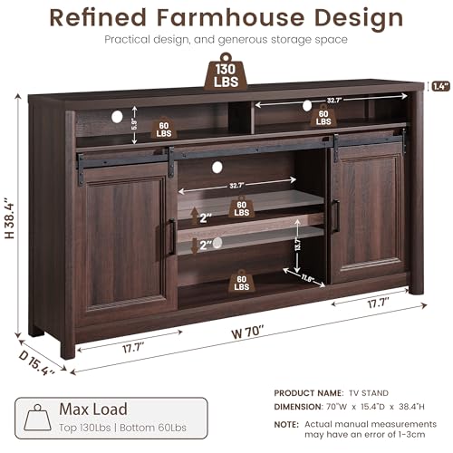 Farmhouse TV Stand for Living Room, Entertainment Center with Storage, Walnut TV Console for Bedroom, Media Storage Cabinet with Sliding Barn Doors & Adjustable Shelves, Fits 80 Inch TV, Rustic Wood