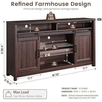 Farmhouse TV Stand for Living Room, Entertainment Center with Storage, Walnut TV Console for Bedroom, Media Storage Cabinet with Sliding Barn Doors & Adjustable Shelves, Fits 80 Inch TV, Rustic Wood