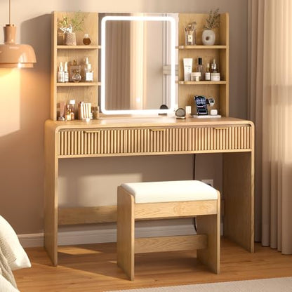 Fluted Vanity Desk with Mirror Light, Stool, Power Outlet Natural | 3 Color Touch Control Light, Fluted Wood Drawers, 3 Drawers 4 Shelves, Ideal Bedroom Furniture for Girls Age 8-16