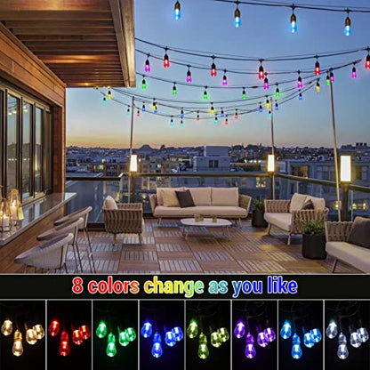 48FT Solar Outdoor RGB String Lights, 15+3 Waterproof Shatterproof LED Bulbs Dimmable Patio String Lights with Remote, Commercial Solar String Light for Patio Yard