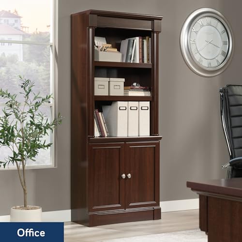 Palladia Book Shelf, Bookshelf with Storage, Library Bookcase with Doors and Adjustable Shelves, in Select Cherry finish