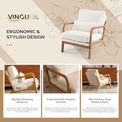 Chenille Mid-Century Modern Accent Chair Set of 2, Cute Reading Arm Chair with Cushion & Lumbar Pillow & Solid Wood Frame for Lounge, Living Room, Reading Room, Bedroom,Cream