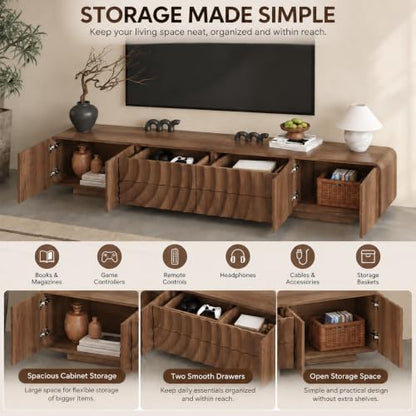 86" TV Console, Spiral Wave Design, 4 Drawers, Media Storage, Walnut, view 5