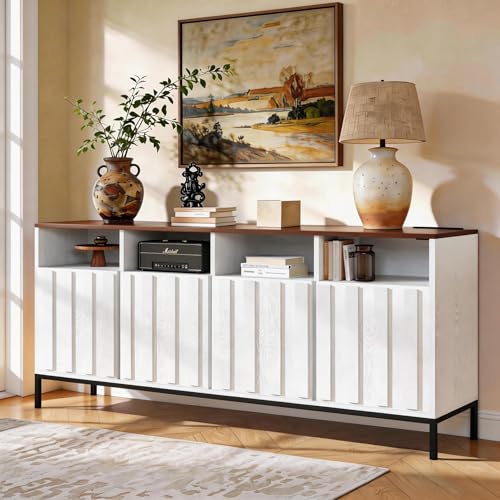 COCO DESIGN 70" Large Buffet Sideboard Cabinet with Power Outlets & Adjustable Shelves, Modern Farmhouse Accent Storage Credenza Console for Kitchen, Living Room, White