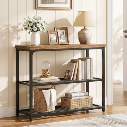 32" Small Console Table with Storage, 3-Tier Industrial Narrow Entryway Table with Mesh Shelves, Sofa Table Behind Couch for Hallway Foyer Living Room, Sturdy Metal Frame, Rustic Brown