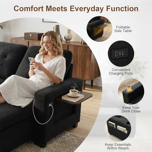 82" L Shaped Sleeper Sofa Bed, Pull Out Sectional Couch with Storage Chaise/Reclining Backrest, Sectional Couches for Living Room with USB Port, Foldable Table, Cup Holder, Side Pocket, Black