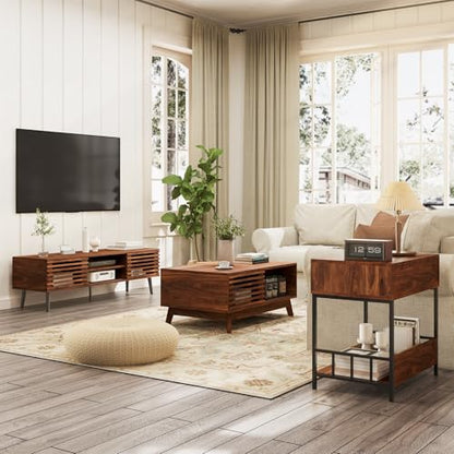 52" Mid Century Modern TV Stand for 50-60 inch TV - Walnut Brown | Farmhouse TV Console with Slatted Sliding Doors, Small Entertainment Center with Spacious Storage for Living Room, Apartment