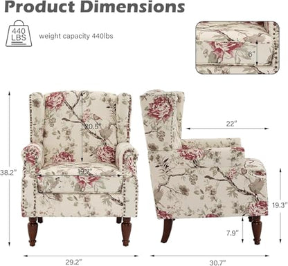 High Back Accent Chairs Set of 2, Floral Wingback Chair Fabric Upholstered Armchair for Living Room, Nailhead Trim Single Sofa Bedroom Reading Seat - Beige