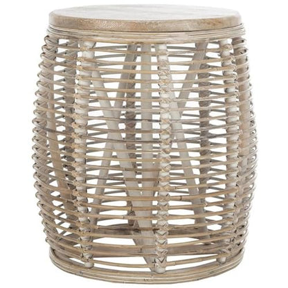 Furniture - Maui Rattan Drum Stool Table - Grey White-Wash - Rattan - Coastal Woven Design - Fully Assembled - Ideal for Living Room, Bedroom, Patio - Fully Assembled (STL6500A)
