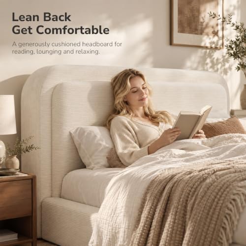 Upholstered Cloud Bed Frame Queen with Plush Padded Headboard, Beige, view 4