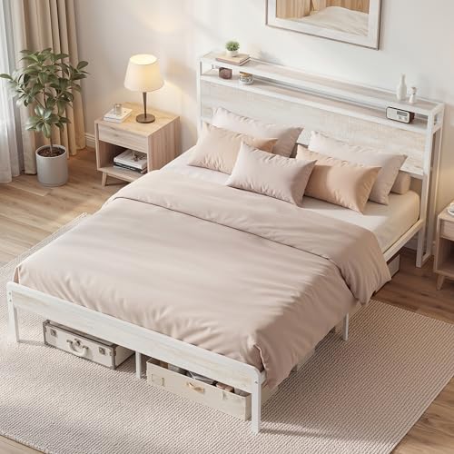 Queen Bed Frame with 2-Tier Storage Shelf Headboard, view 6