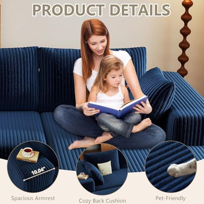 96" Cloud Sectional Couch with L-Shaped Chaise, Modern Corduroy Sectionals Couches with Deep Seat, Boneless Sofa 3 Seater for Living Room, No Assembly Required (Blue, Right Facing Chaise)