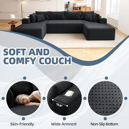 Cloud Couch U-Shaped Sectional Sofa, 134'' Modular Boneless Couches for Living Room, Corduroy Deep Seat Sofa with 2 Chaise Lounges and 1 Loveseat, 30D High-Resilience Foam, No Assembly, Black