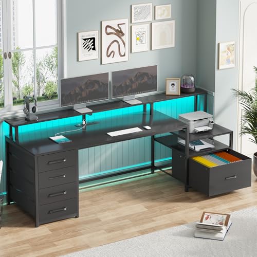 Computer Desk with 5 Drawer, Power Outlet, Led Lights, Black, view 2