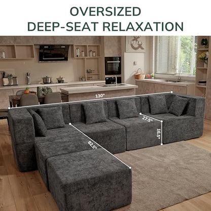 Modular Sectional Cloud Couch for Living Room - 130'' 6 Seater Convertible Chenille Couches Set with Ottoman, No Assembly Compression Sofas, Comfy Floor Sofa with Memory Foam, Grey