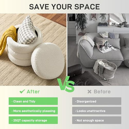 Round Ottoman with Storage Boucle Ottoman Stool with Storage Removable Lid for Living Room Modern Vanity Sorage Stool Foot Rest Bedroom Dorm Gift Set of 1 (White)